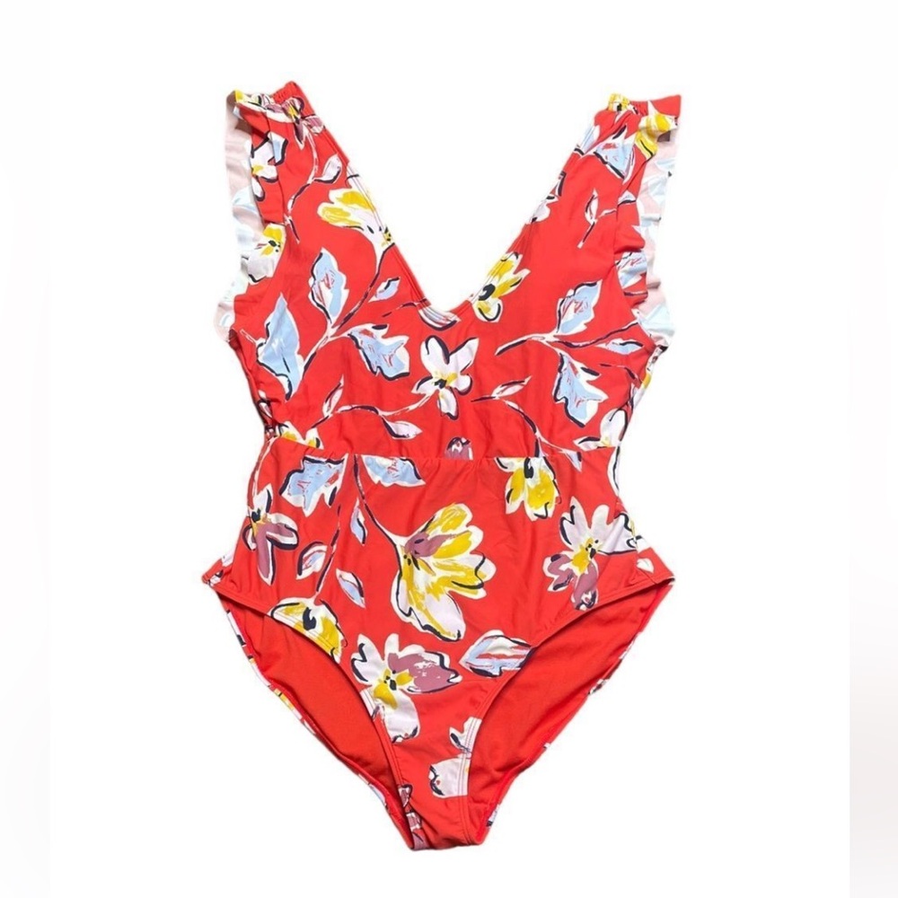 Catalina Swimwear Orange Floral One Piece V Neck Ruffle Swimsuit Size Small 4-6